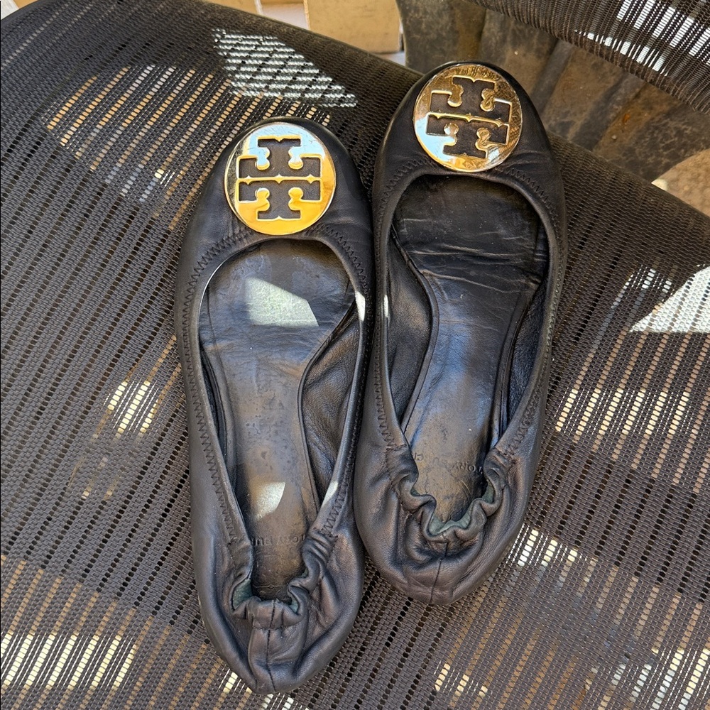 Tory Burch Black Leather Reva Ballet Flats with Gold Logo